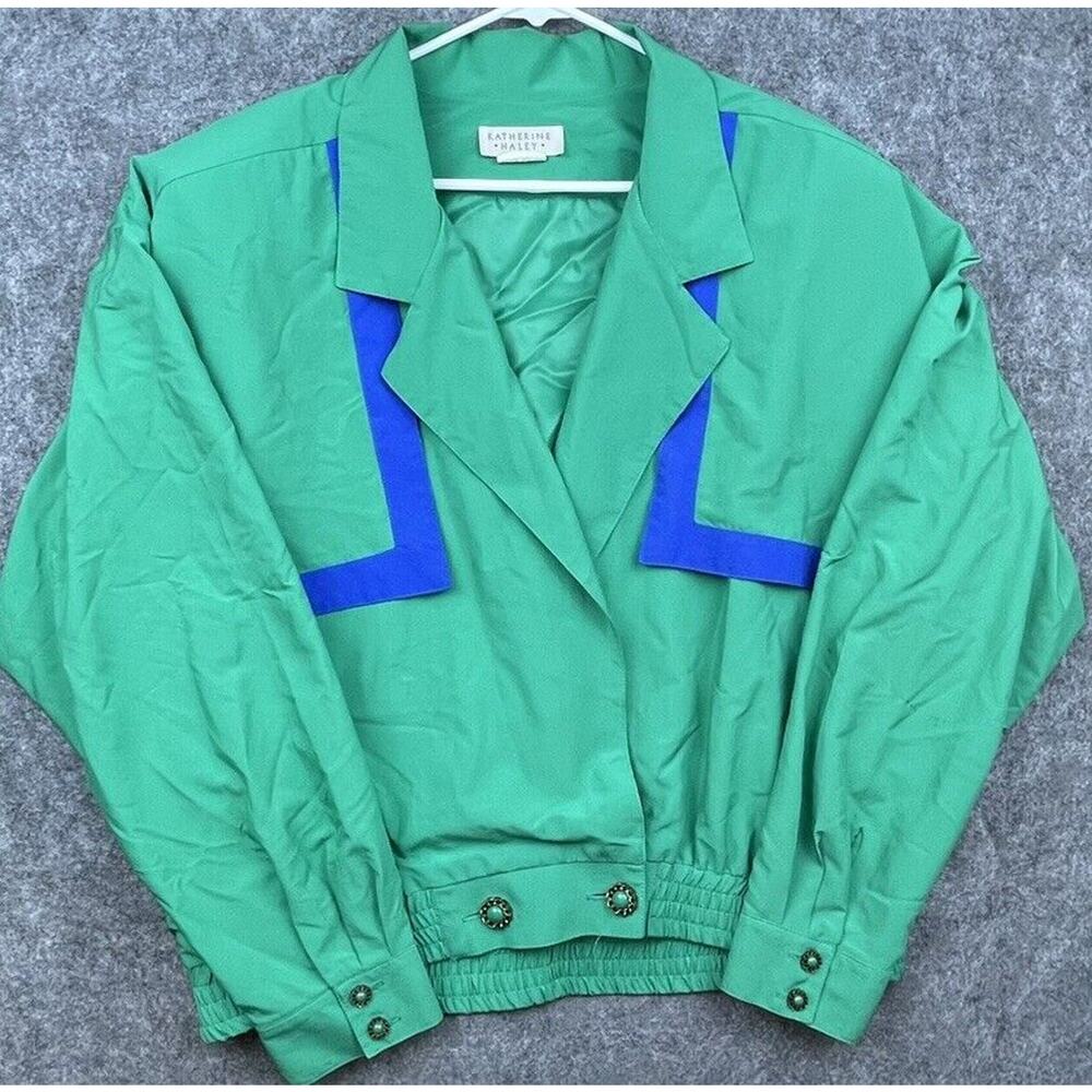 Vintage Katherine Haley Blouse Womens 13/14 Green Blue Jacket Retro Banded Waist
